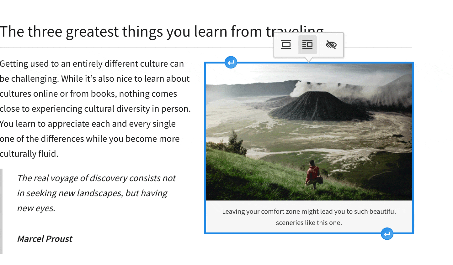 A screenshot showing the ___location of the buttons that insert paragraphs around widgets.