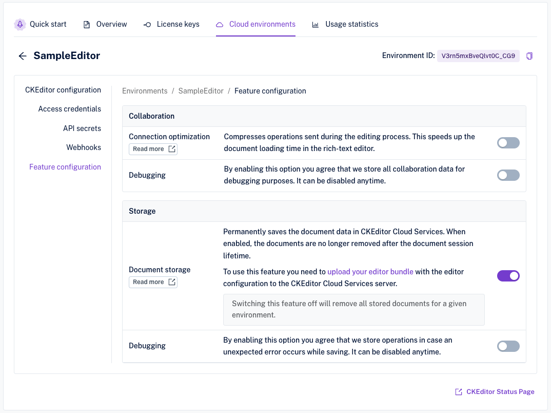 Navigate to the Feature configuration tab and switch on the Document storage feature