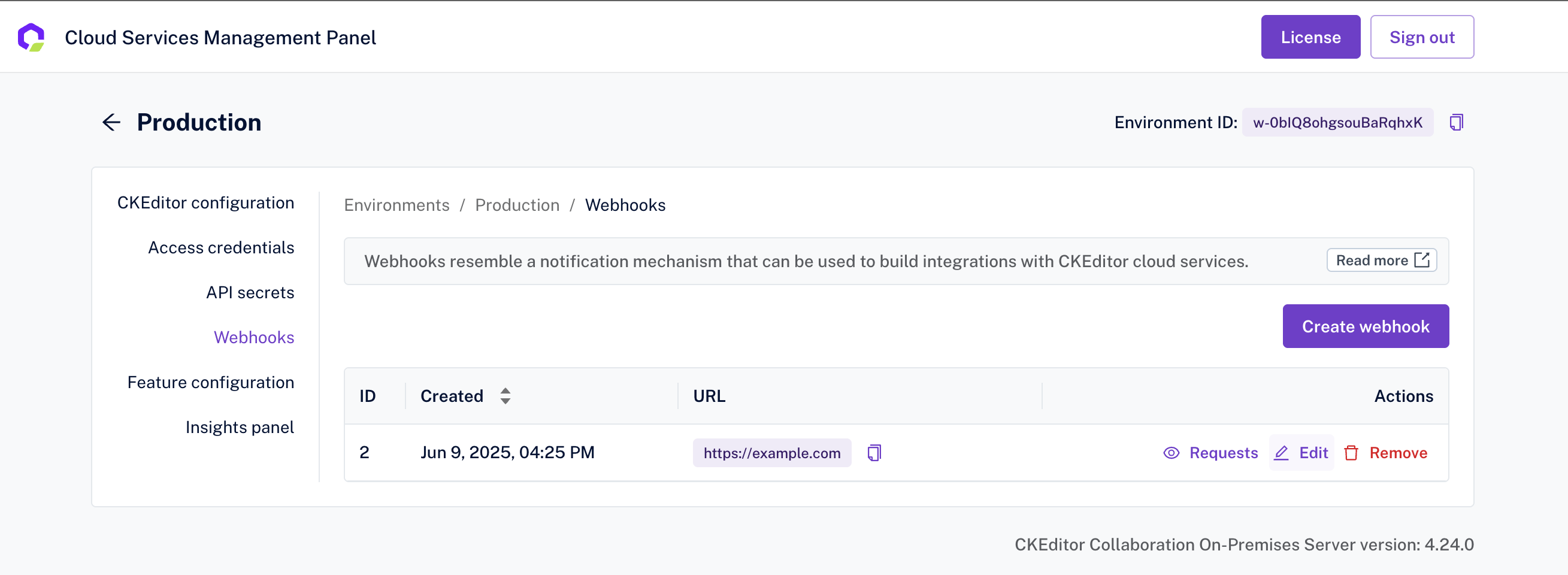 Edit webhook button in Customer Portal.