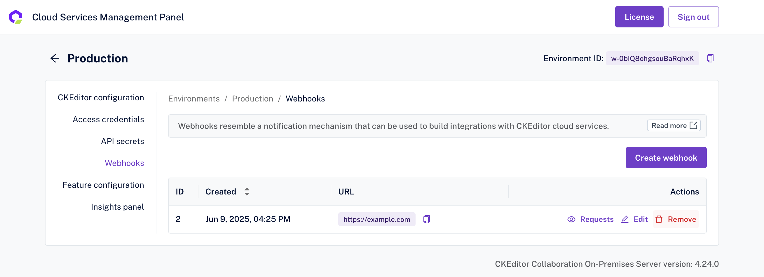 Button to remove webhook in Customer Portal.