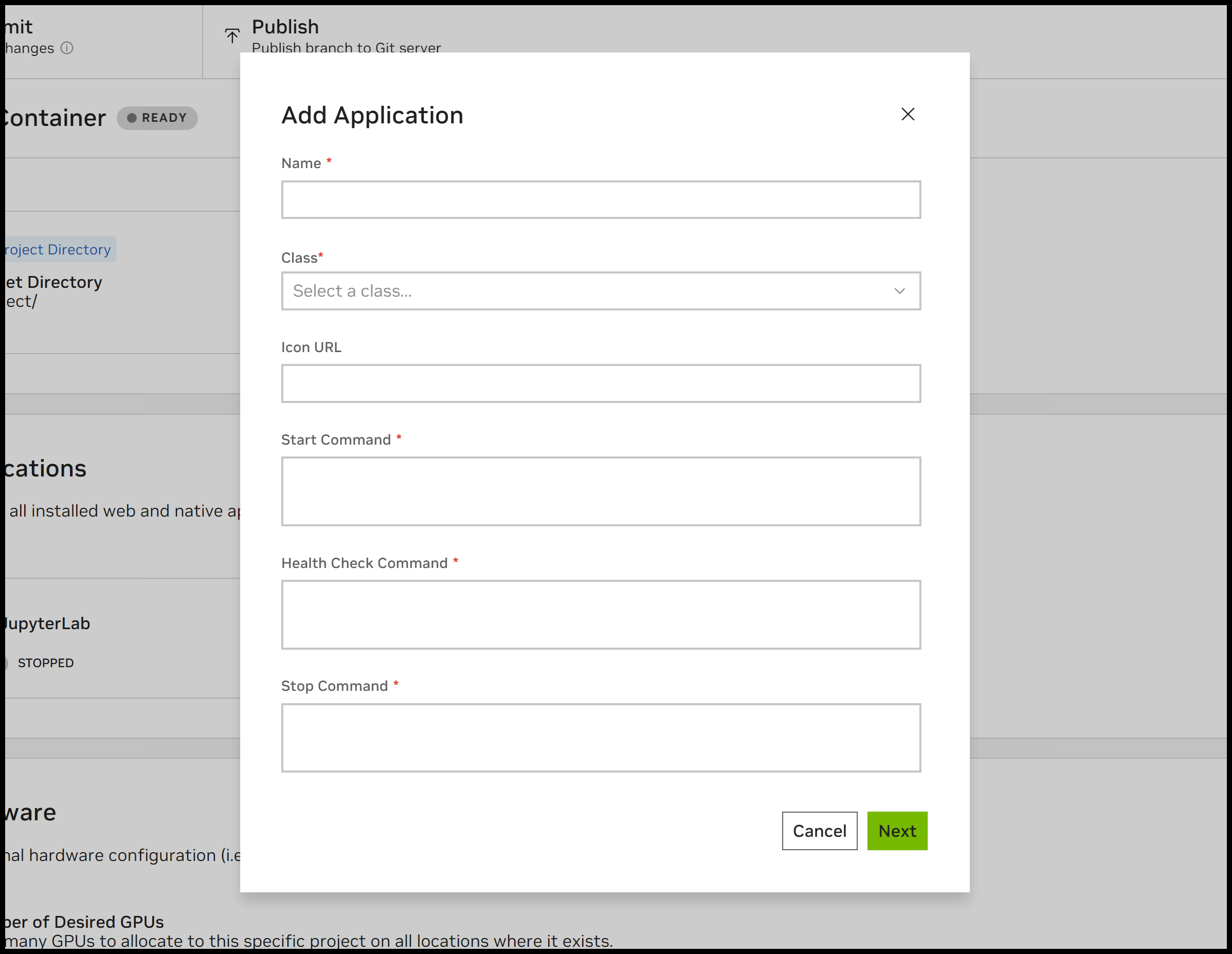 Screenshot of the add application modal.