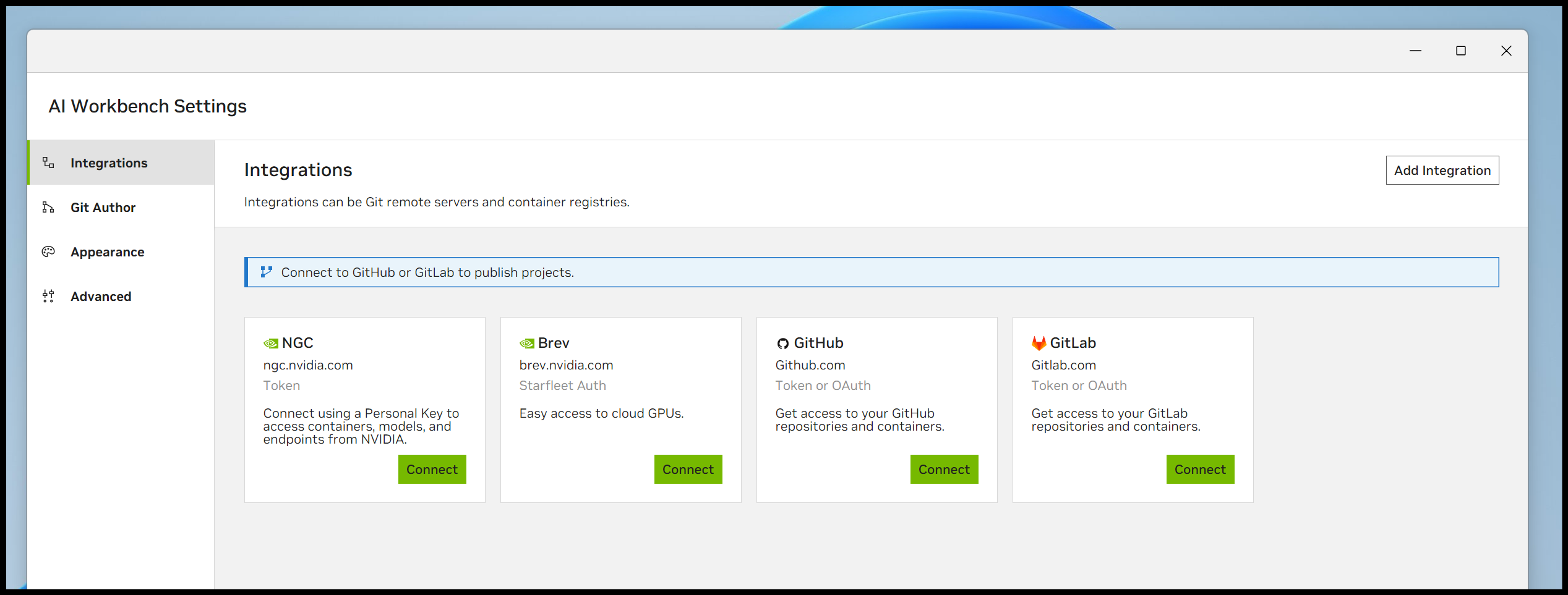 Screenshot of the Workbench integrations page in the application settings page. From left to right shows NGC, GitHub, GitLab, and an example of self-hosted GitLab.