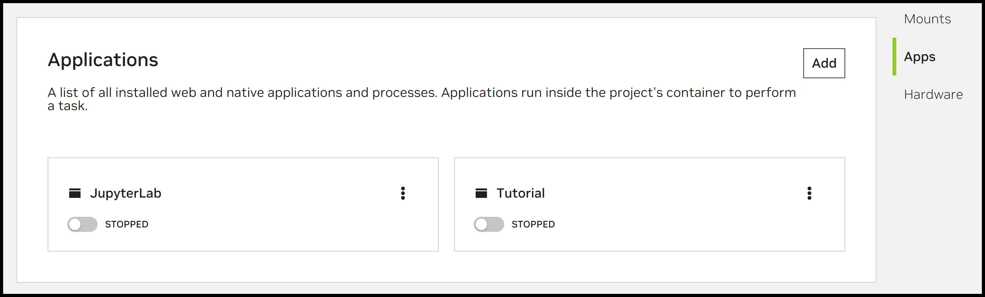 Screenshot of the application section in the Project Container page. From left to right shows JupyerLab and a tutorial app.