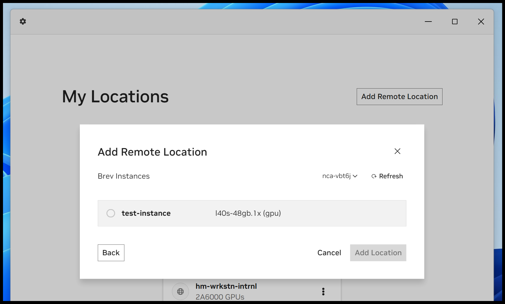 Screenshot of the Location creation modal with a Brev instance named "test-instance".