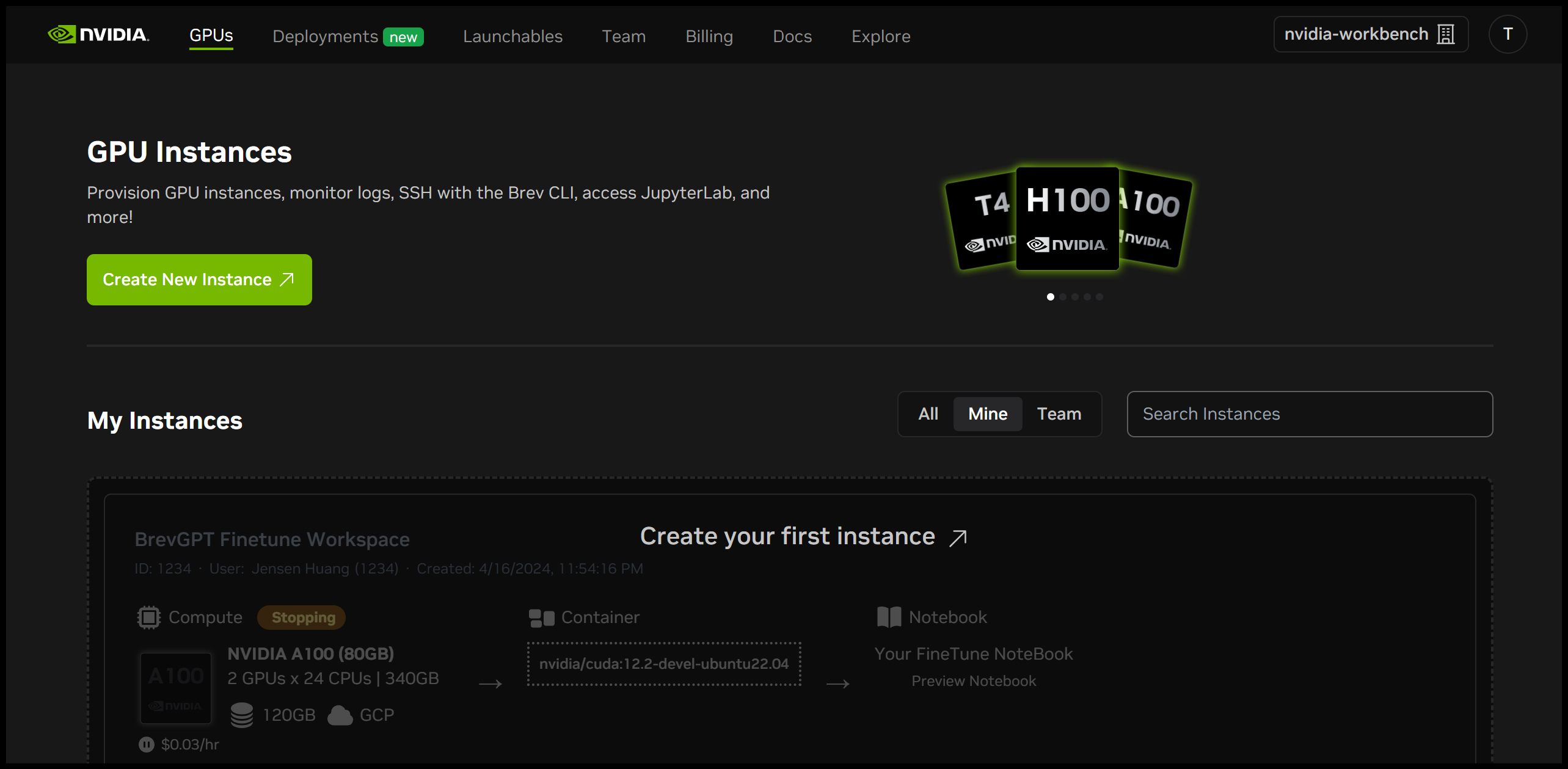 Screenshot of the AI Workbench Settings page with the Brev integration in a red bounding box.