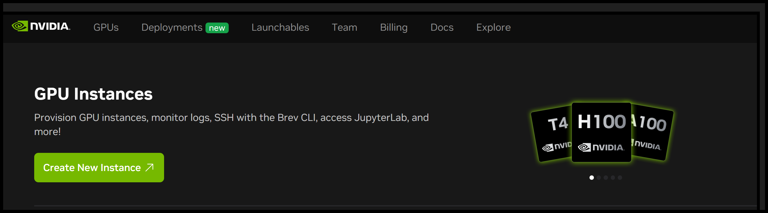 Screenshot of the GPU tab on the Brev console showing the Create New Instance button.