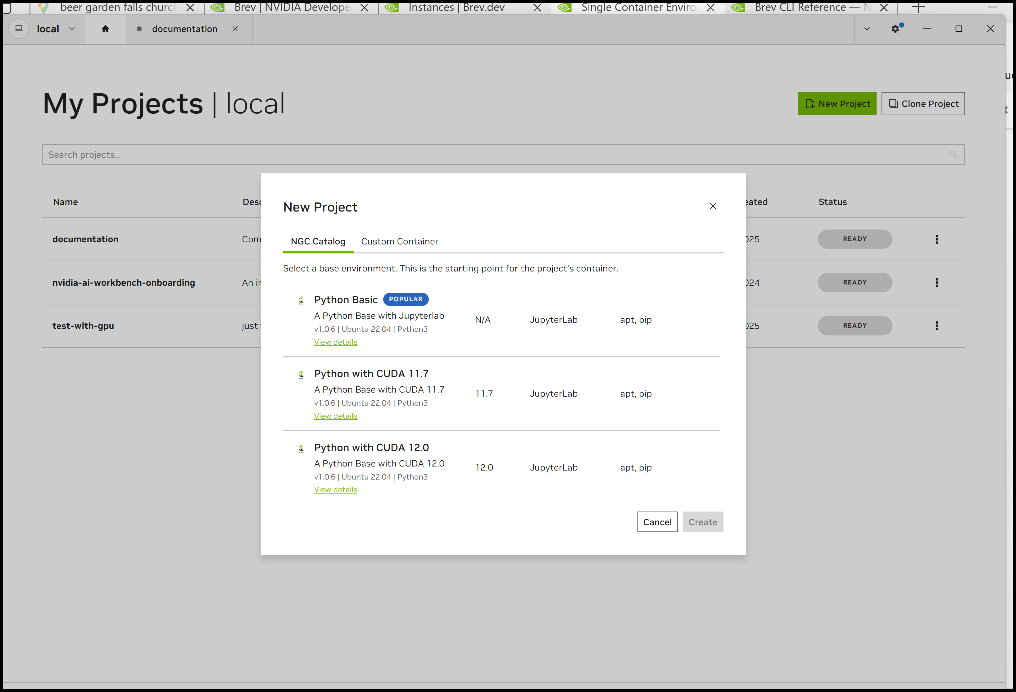 Screenshot of the base image selection stage of the project creation flow. Shows three base images: a Python Basic, a CUDA 11.7 and a CUDA 12.0 base.