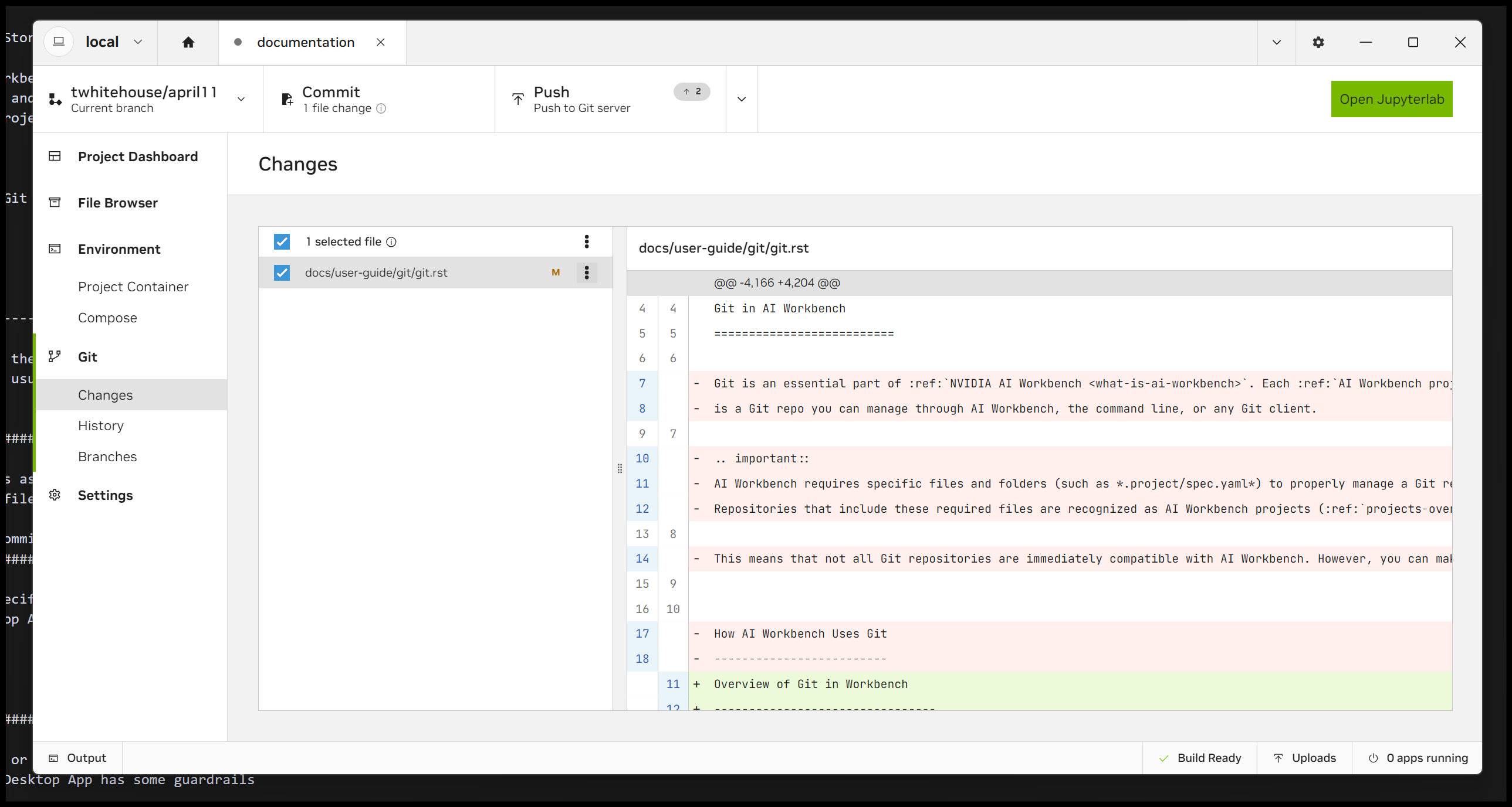 Screenshot of the Workbench Git changes page, showing the various Git affordances in the rest of the Desktop App.
