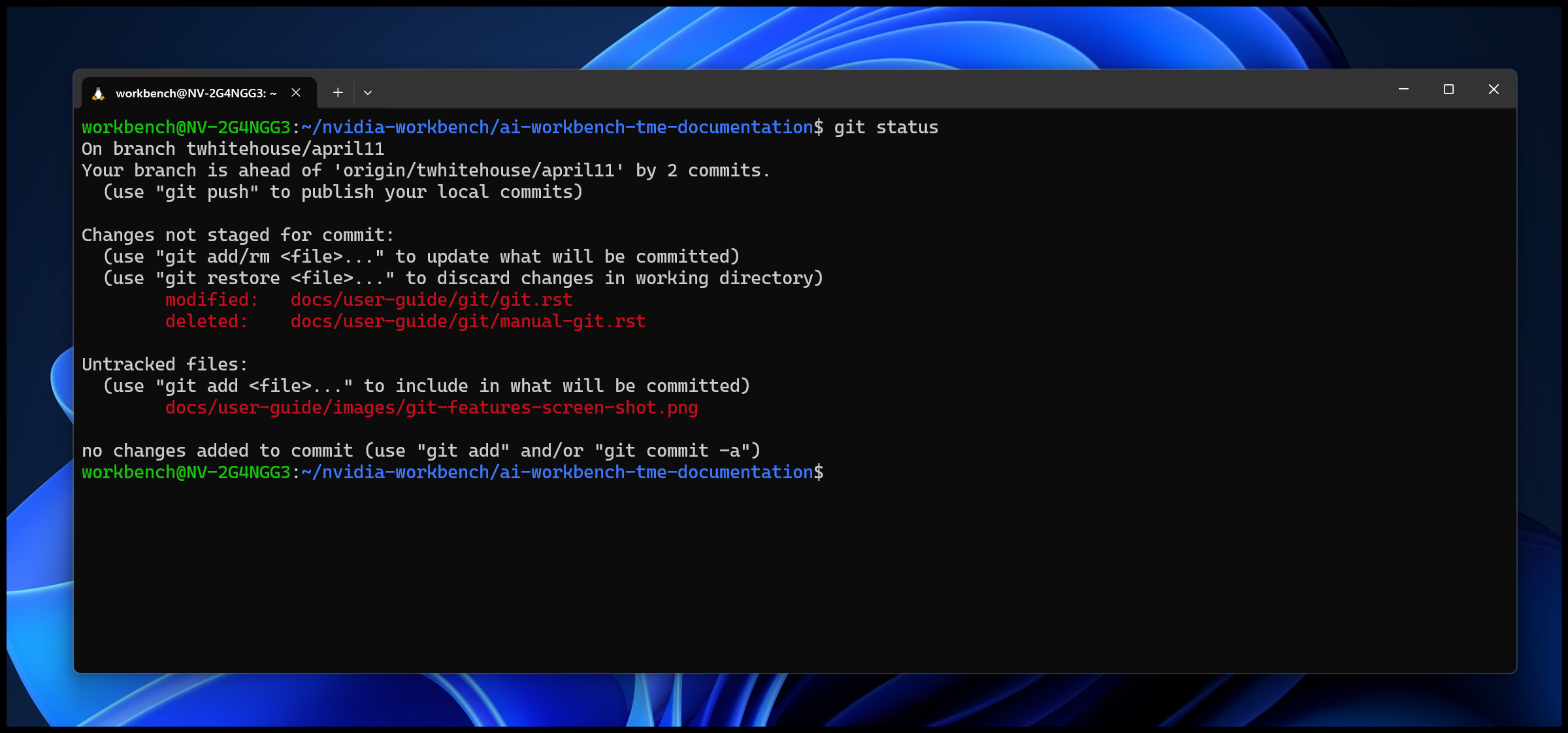 Screenshot of the the results of a git status command in a terminal. There are some untracked files and files not yet staged.