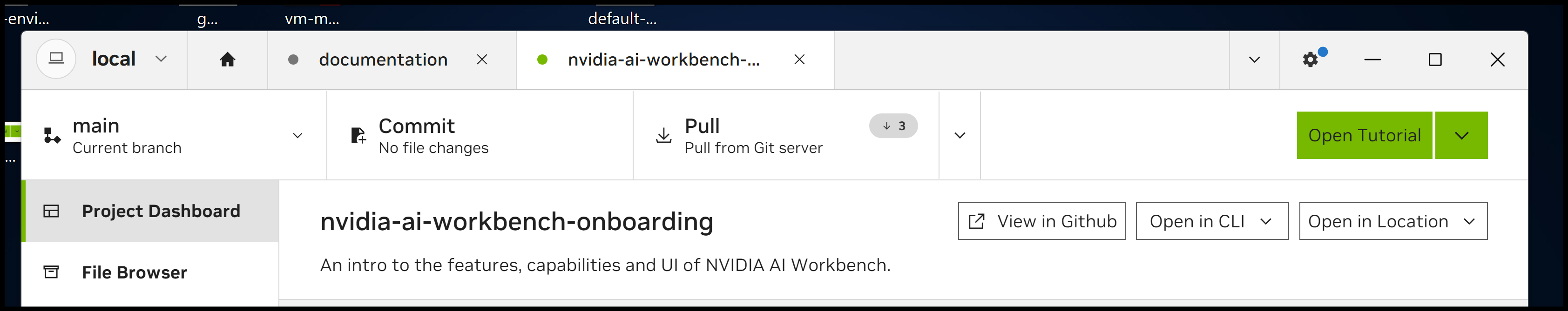 The AI Workbench onboarding project open in a browser tab.
