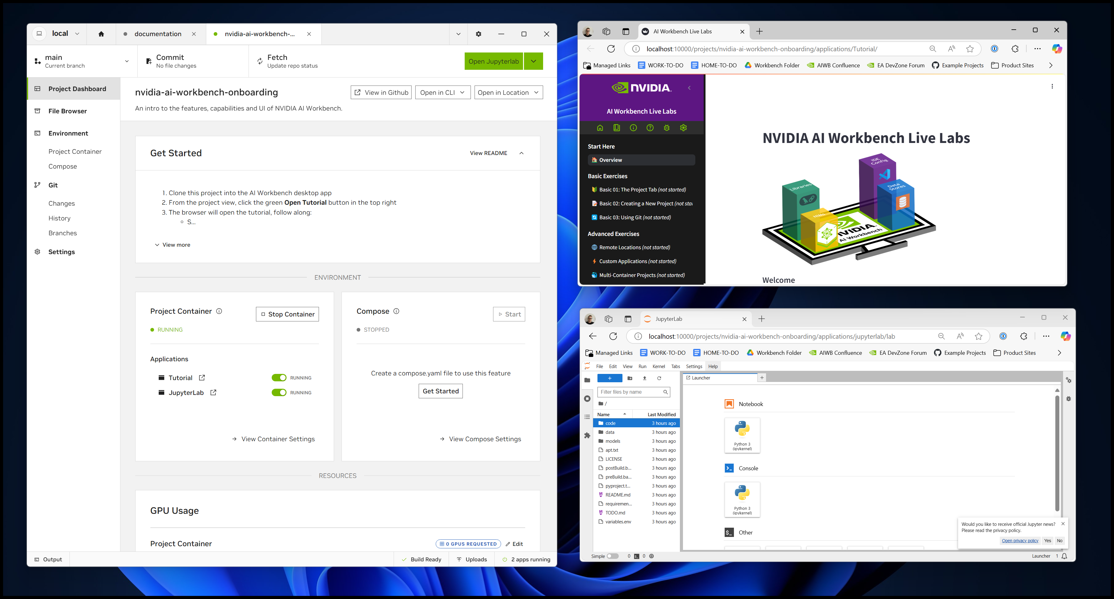 The AI Workbench Desktop App on a Windows system with JupyterLab and a tutorial application running in a browser.