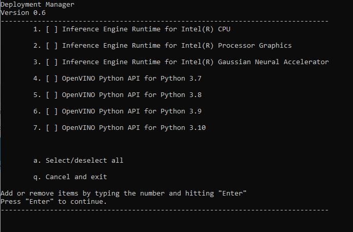 Deployment Manager selection dialog