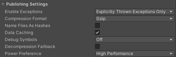 Publishing settings for the WebGL platform