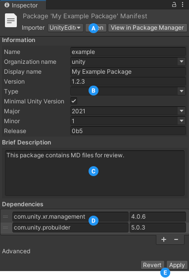 The Package Manifest window for the Cinemachine package. From top to bottom, the window displays the package name and controls (A), package information (B), a brief description (C), and a list of dependencies (D). 