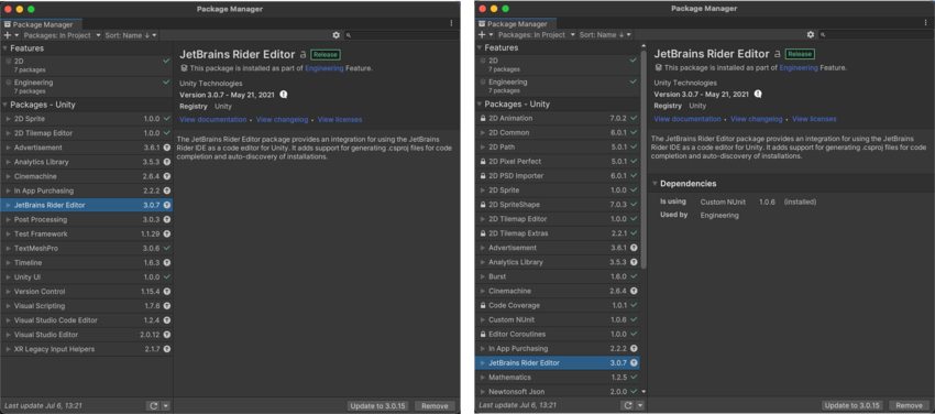 The same project with Show Dependencies disabled (left) and Show Dependencies enabled (right)