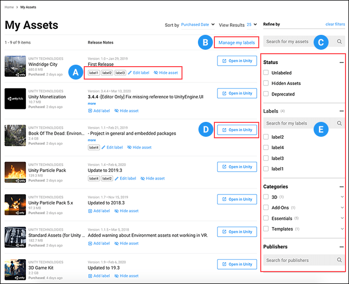 The My Assets page with labels (A), label management (B), search (C), Open in Unity (D), and search filters (E) highlighted.