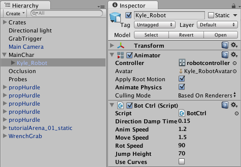 The child Kyle_Robot GameObject with its Animator Controller component.