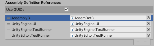 A list of configured references in the Assembly Definition References section of the Assembly Definition importer Inspector window.