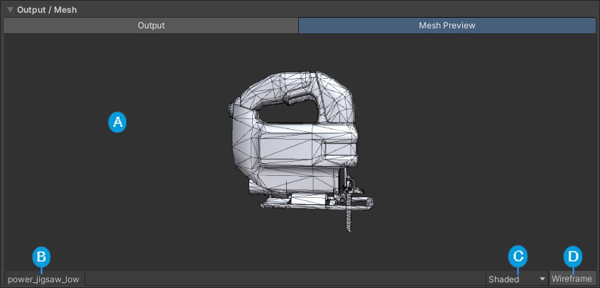 The mesh preview tab displaying the power jigsaw mesh from the URP sample scene. The mesh preview (A) is in the centre. The bottom bar has the mesh name (B), the preview mode (C), and the toggle for wireframe (D).