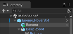 The Hierarchy window showing a Prefab instance with a child prefab instance called Banana added as an override.