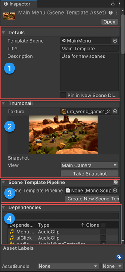 The Inspector window displays the properties of a scene template asset.