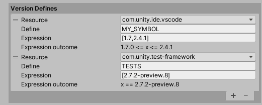 The Version Defines section of the Assembly Definition importer Inspector window, with defines configured for specific versions of the Unity Test Framework and VS Code packages.