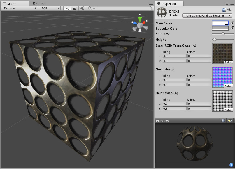 Example of a shader using the following properties: specular color, transparency, normal map, and a hight map.