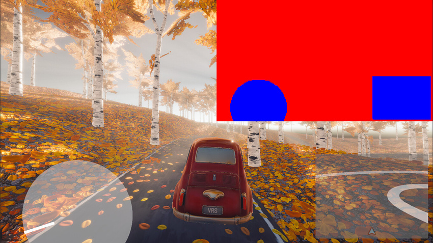 This example uses variable rate shading to reduce shading rate under a UI overlay.