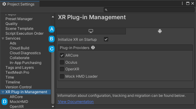 The XR Plug-in Management section of the Project Settings.