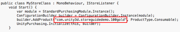 An applications product identifier, com.unity3d.storeguidedemo.100gold.