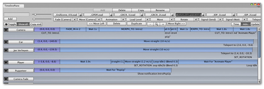 カットシーン・アクションのスクリプティングに使用される、Serious Games Interactive による Custom Editor Interface