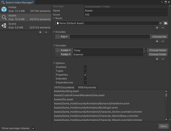 The Index Manager in the Search window