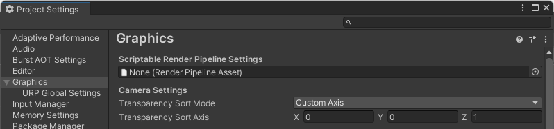 The default ___location of the Transparency Sort Mode settings when no specific URP Pipeline is selected.