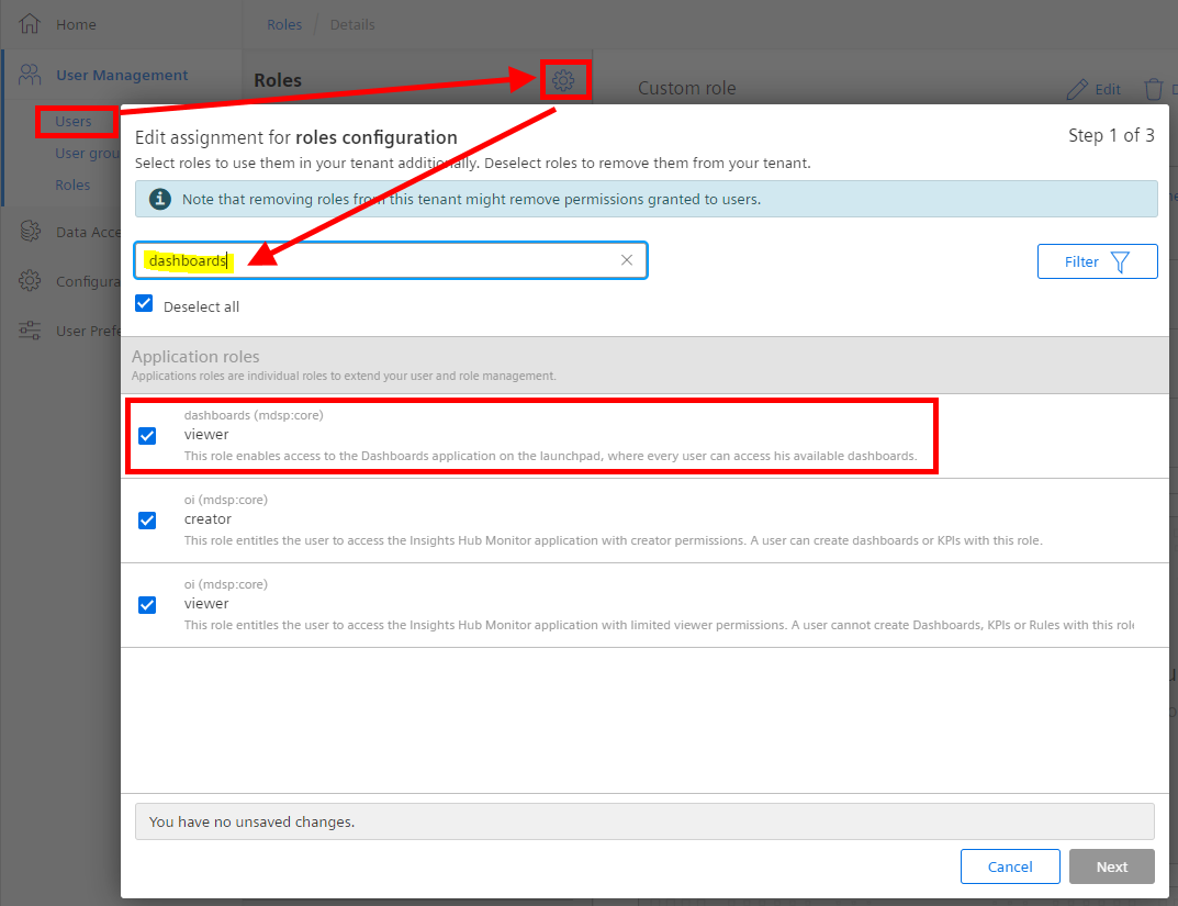 Assign dashboards role to tenant