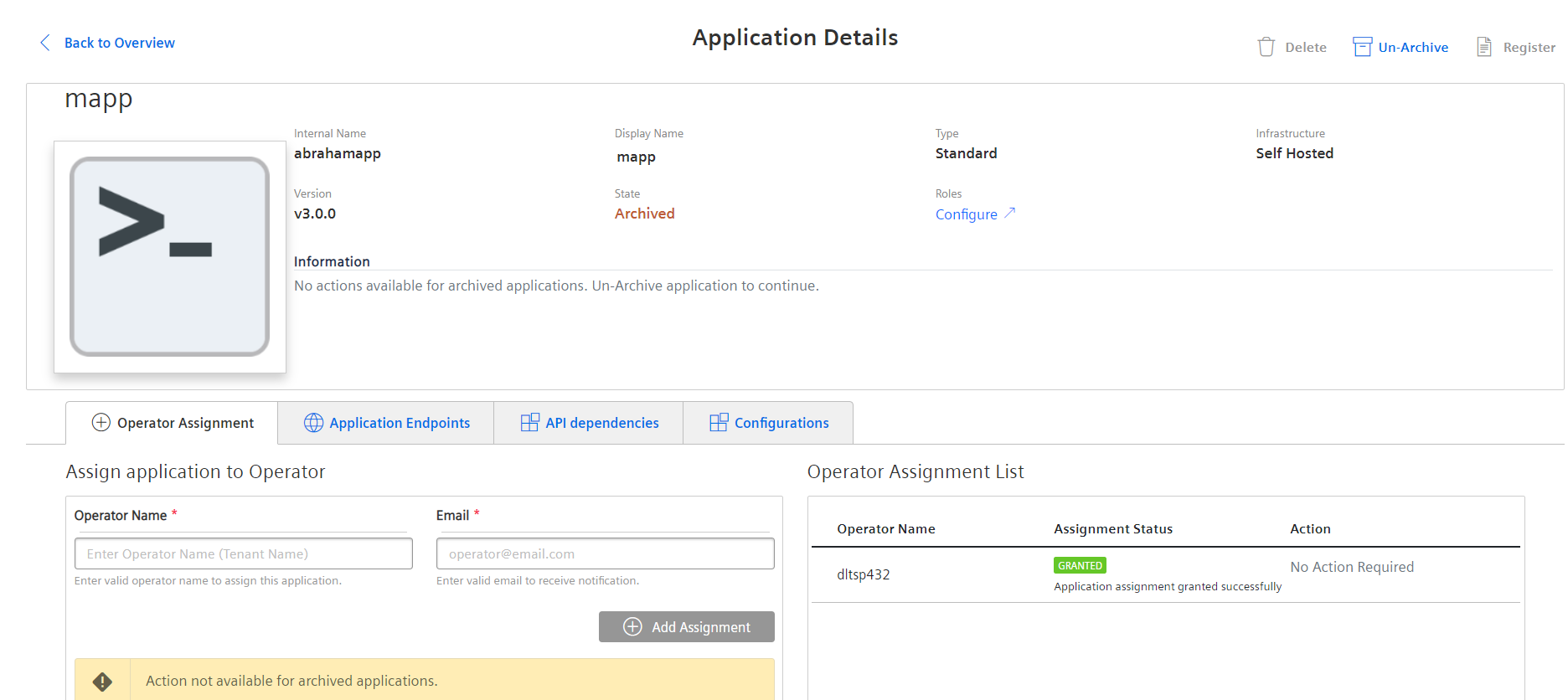 Archived application screen
