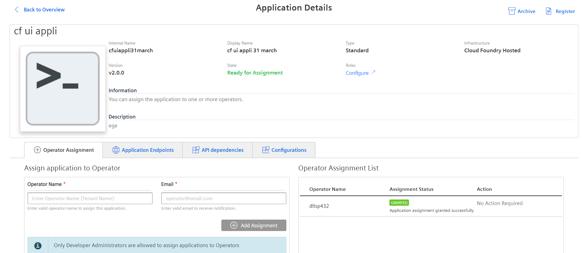 Assign an application to operator