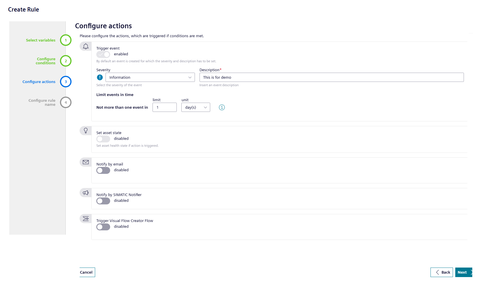 Configure actions