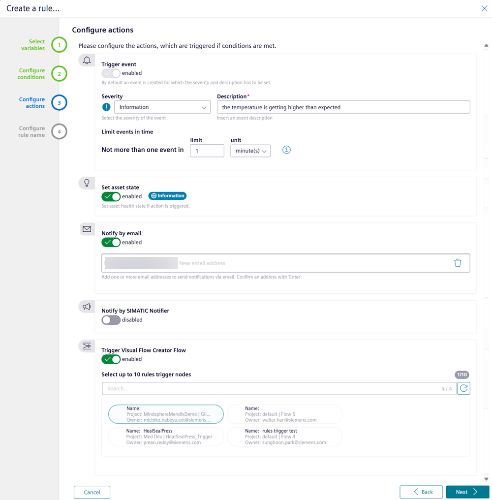 Configure actions
