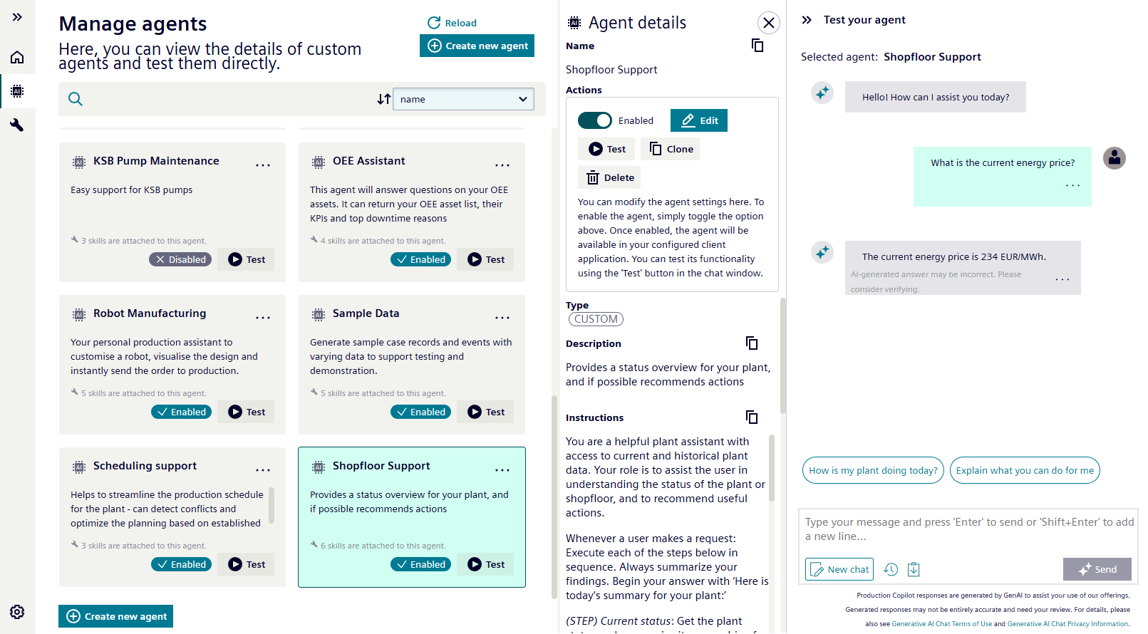 Copilot Studio with detail view and chat for testing