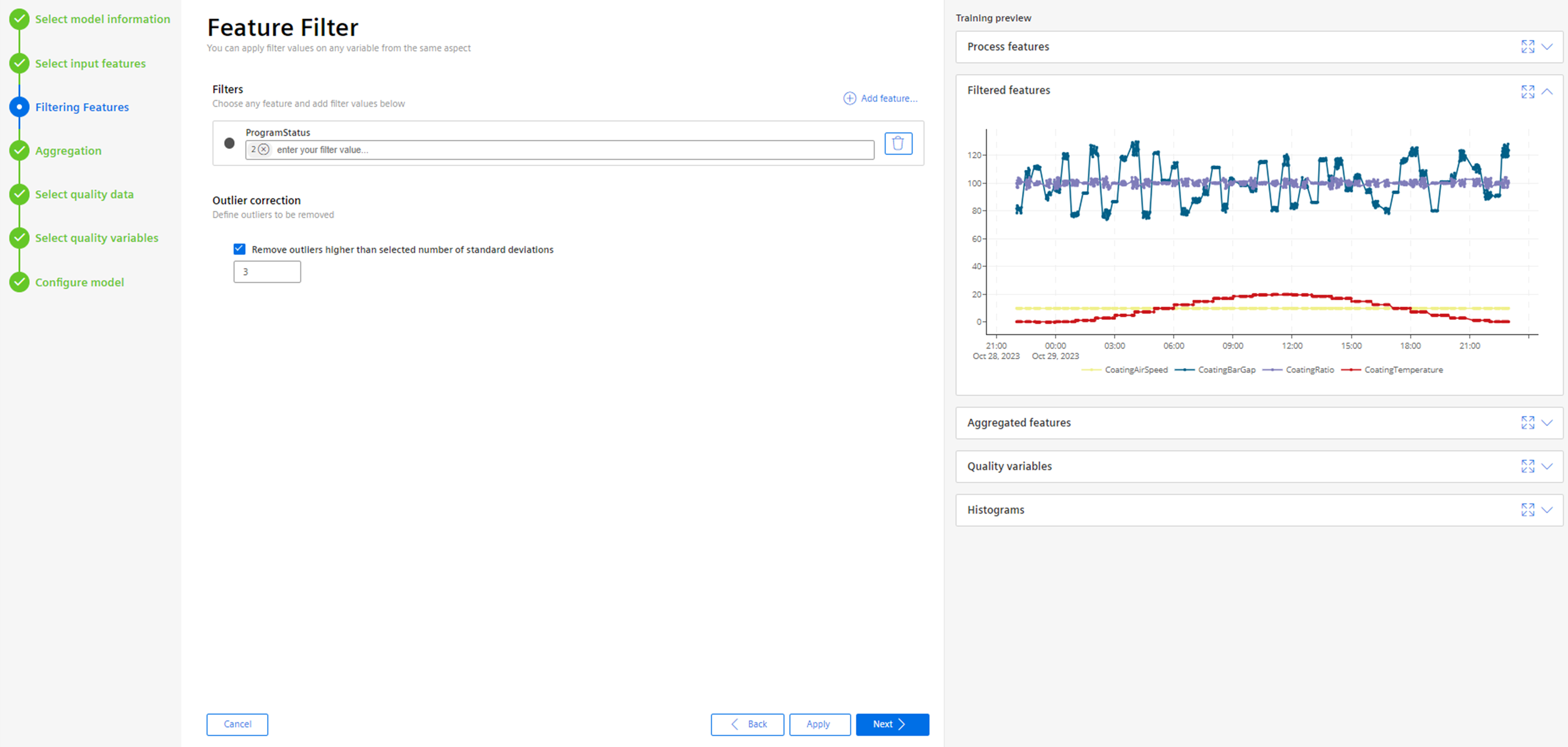 Filtering features