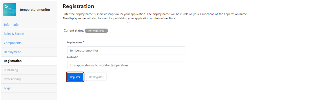 Registration screen