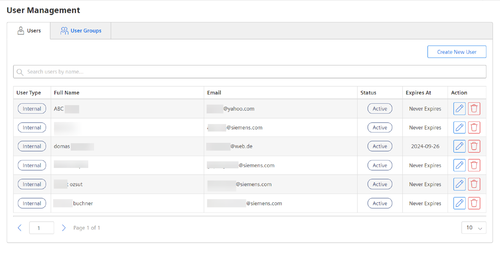 Users screen
