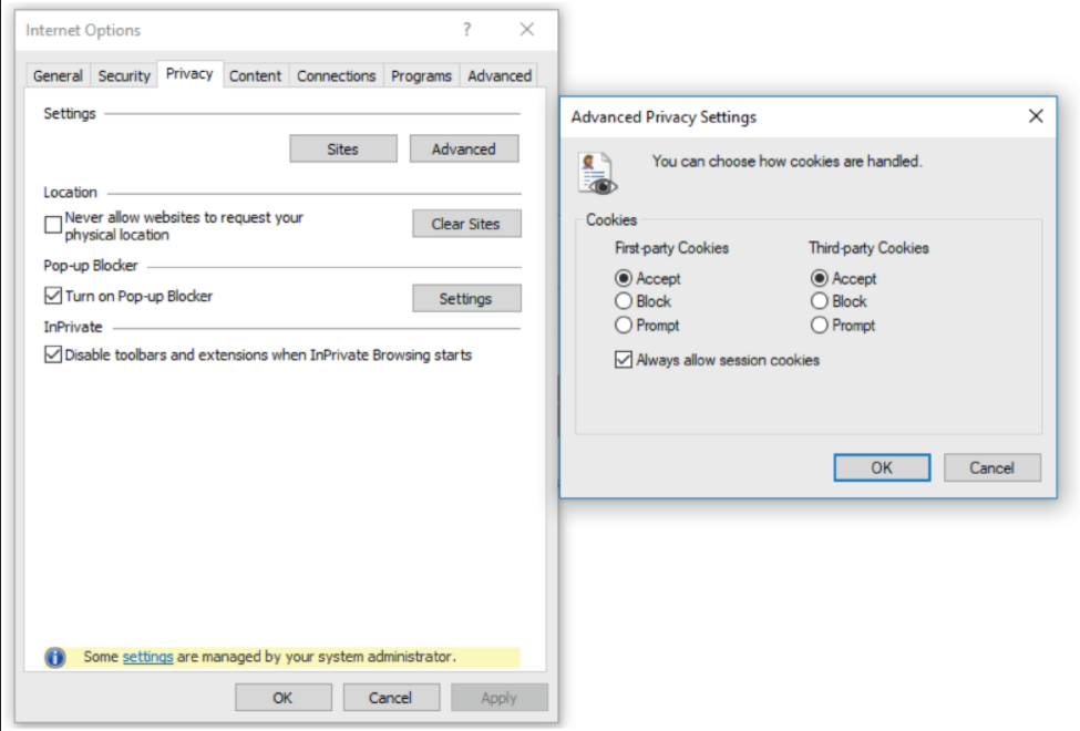 Internet Options advanced privacy settings