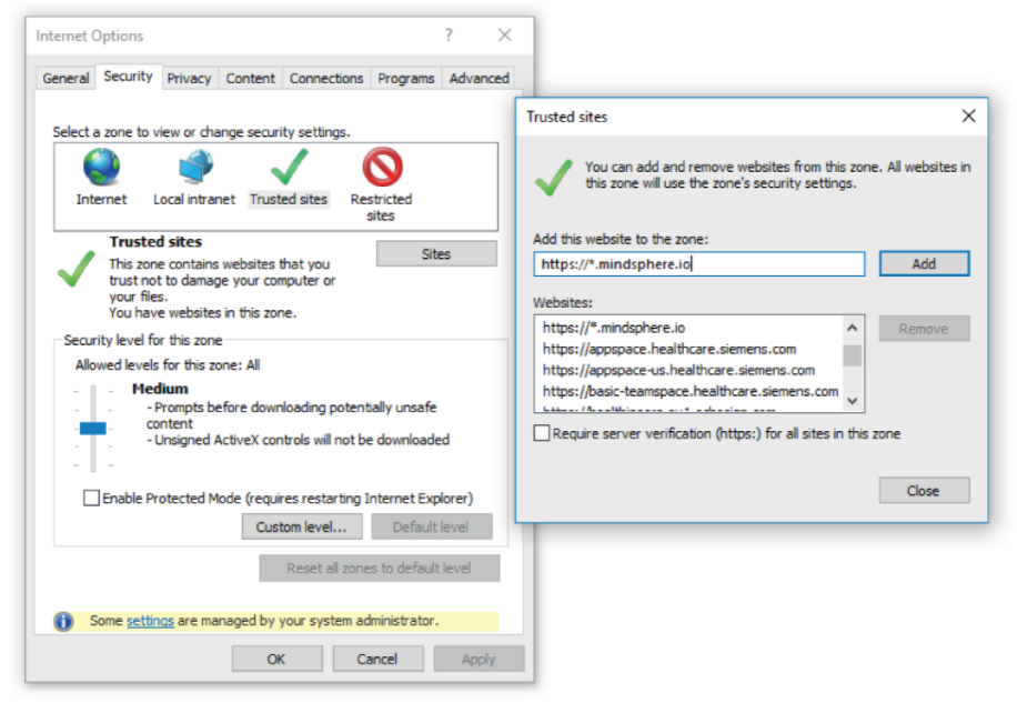 Trusted sites window