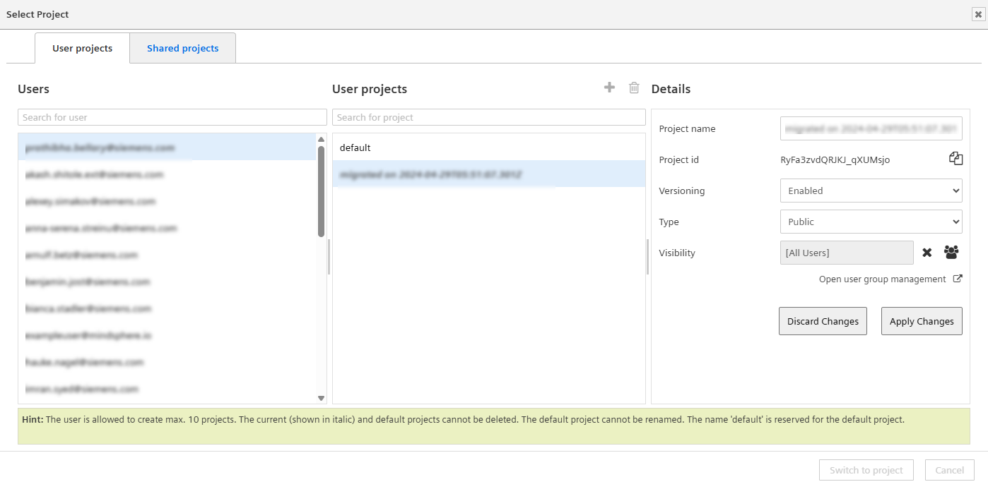 Project version enabling