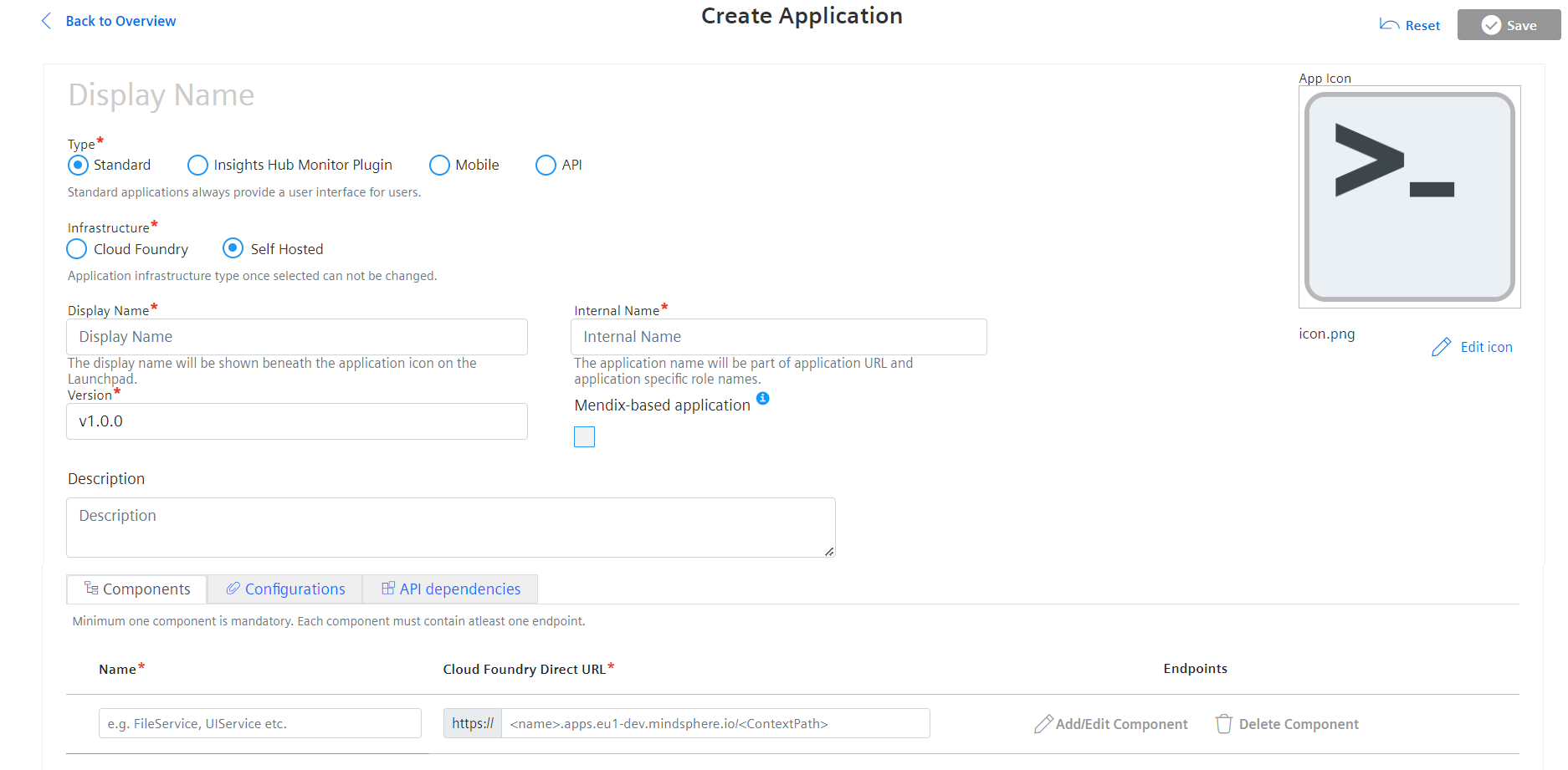 Filled in form for self-hosted applications in Developer Cockpit