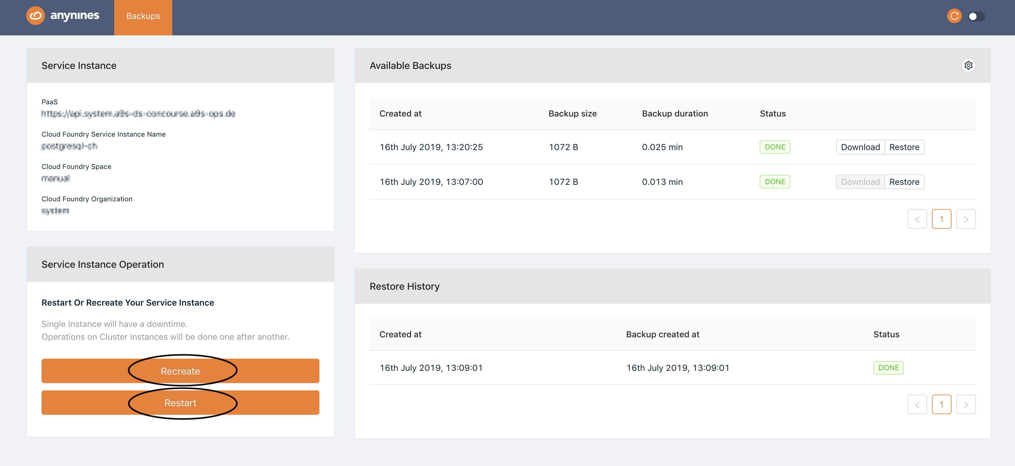 Service Dashboard Restart Recreate