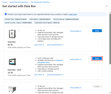 Screenshot showing the ___location of the Data Box Disk option's Select button.