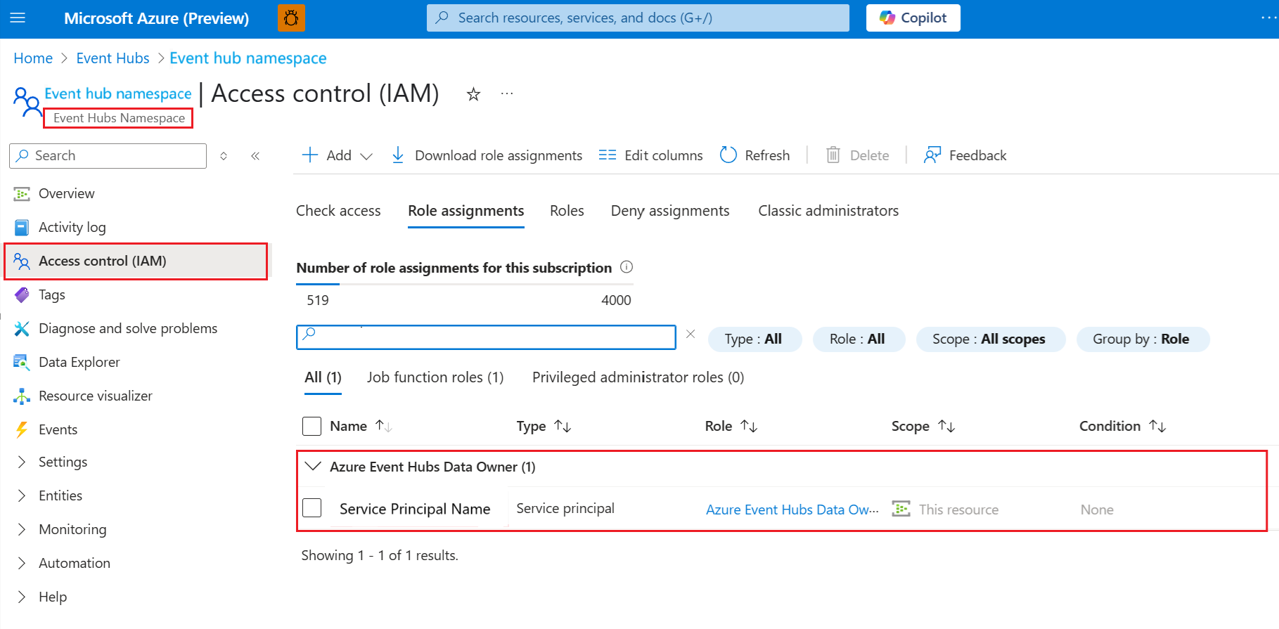 Screenshot showing assign Azure event hubs data sender role.