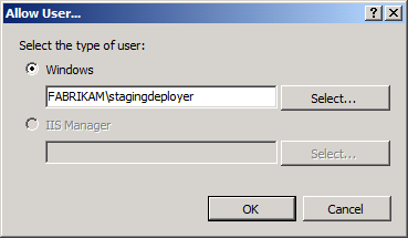 In the Allow User dialog box, type the ___domain and user name of the account you want to use to deploy content, and then click OK.